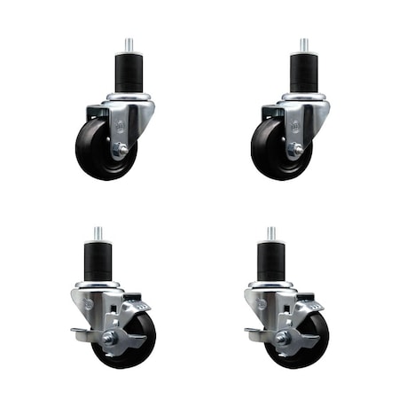 Service Caster 3'' SS Soft Rubber Wheel Swivel 1-3/4'' Expanding Stem Caster Set 2 Brakes, 4PK SCC-SSEX20S314-SRS-2-TLB-2-134